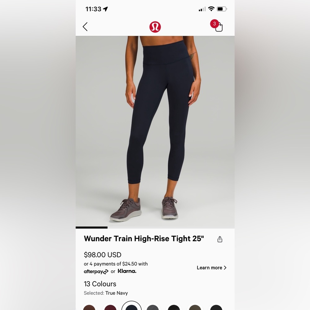 Lululemon Wunder Train HR, 25”, size 12. True Navy